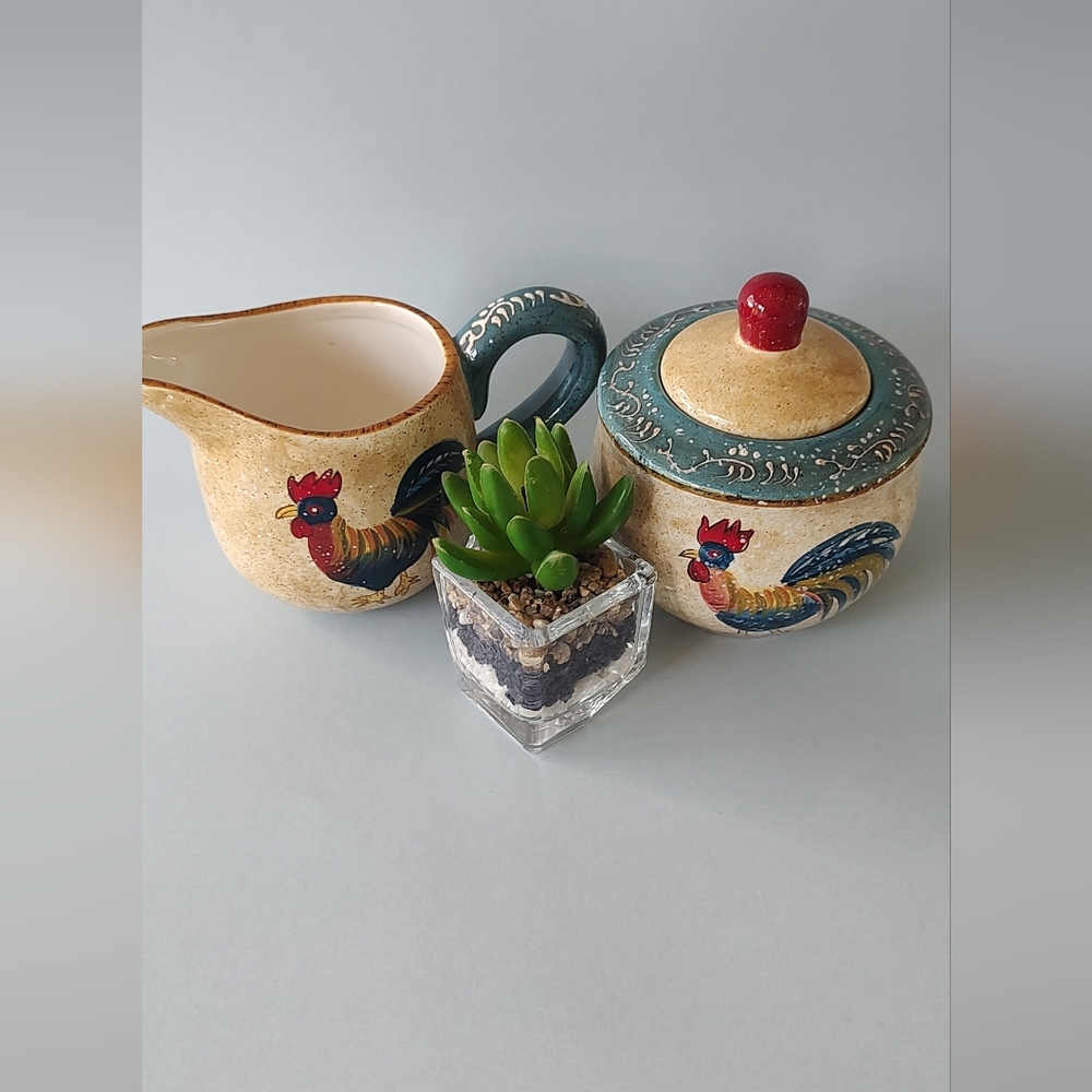 Sugar Bowl & Cream Bowl Rooster Cafe Vintage Hand-Painted Rooster   New Out Tags